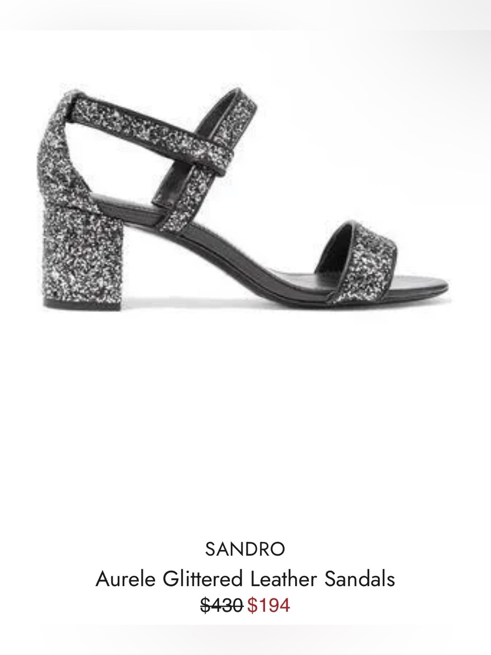 NIB: Sandro Aurele Glitter Leather Block Heel Sandals — Black/Silver, sz 39/8.5
